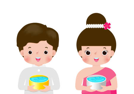 Happy Songkran Festival, Thai New Year, young couple enjoy splashing water in Songkran festival, Thailand Traditional New Year Day Vector Illustration banner template isolated on white backgroundのイラスト素材