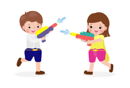 Songkran festival young couple holding water gun enjoy splashing water Thailand Traditional New Year's Day Vector Illustration Thailand travel banner template isolated background, Translation Songkranのイラスト素材