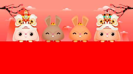 Happy Chinese new year 2023 year of Little rabbit bunny with red big sign board, gong xi fa cai, zodiac Cartoon isolated on red background vector illustrationのイラスト素材
