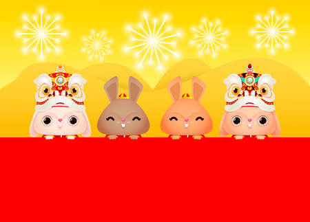 Happy Chinese new year 2023 year of Little rabbit bunny with red big sign board, gong xi fa cai, zodiac Cartoon isolated on red background vector illustrationのイラスト素材