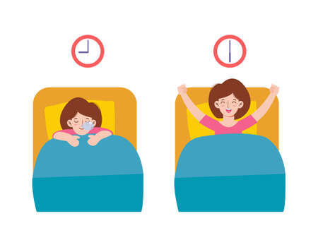 happy woman wake up on the stretching bed. and sleeping. good morning and good night. People healthy lifestyle concept. flat style cartoon character design Vector illustration Isolatedのイラスト素材