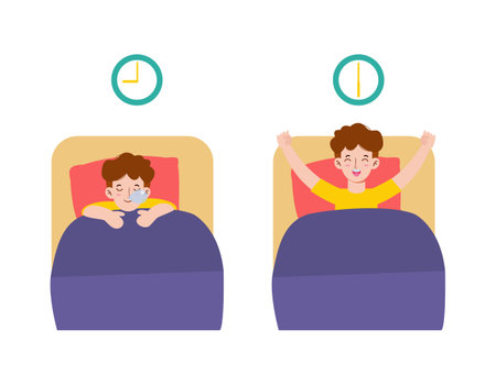 happy man wake up on the stretching bed. and sleeping. good morning and good night. People healthy lifestyle concept. flat style cartoon character design Vector illustration Isolatedのイラスト素材
