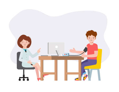 Doctor measuring patient blood pressure. Checking arterial blood pressure digital device tonometer. Monitoring health. Healthy concept.flat cartoon character design isolated vector illustrationのイラスト素材