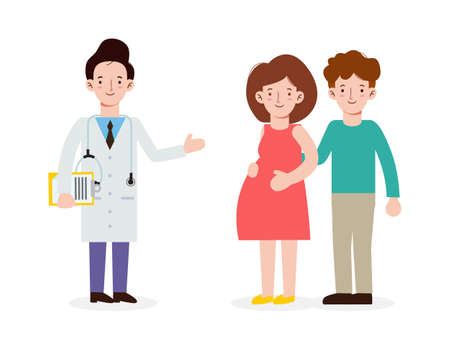Pregnant young woman visiting doctor, Happy doctor standing saying with pregnant girl, healthy lifestyle concept, people flat style cartoon character design Vector illustration Isolated backgroundのイラスト素材