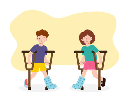 Man and woman broken leg, Healthcare hospital concept. clinic. Vector flat cute cartoon character design illustration isolated on white backgroundのイラスト素材