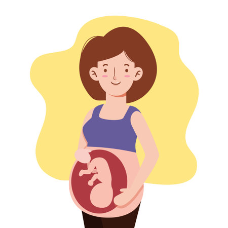 young woman happy pregnant in sportswear, Motherhood girl. expectant mother posing. People woman healthy lifestyle concept. flat style cartoon character design Vector illustration isolated backgroundのイラスト素材