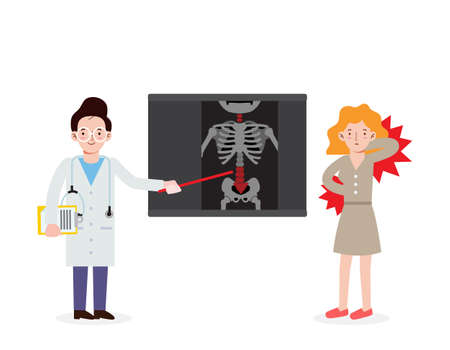 Doctor explaining the results of a CT scan of the spine to her woman patient suffering with low back pain. Vector flat icon cartoon design illustration isolated on white backgroundのイラスト素材