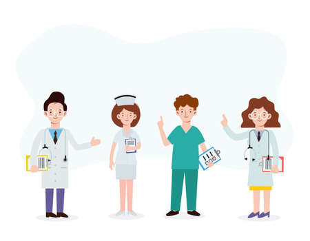 Team happy doctors isolated on a white background. Healthcare hospital or clinic concept. flat cartoon character design vector illustration isolated on white backgroundのイラスト素材