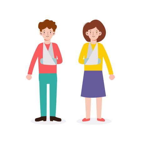 Man and woman with broken arm Healthcare hospital concept. clinic. Vector flat cartoon character design illustration isolated on white backgroundのイラスト素材