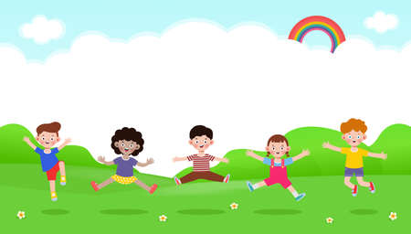 Happy children jumping and dancing together on the park, kids activities, children playing in playground, Template for advertising brochure,your text, flat Funny cartoon isolated vector Illustrationのイラスト素材