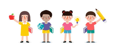 Set of school kids with school supplies, preschoolers children teenagers characters in different poses and Pupils with books and backpack isolated on white background vector illustration flat styleのイラスト素材
