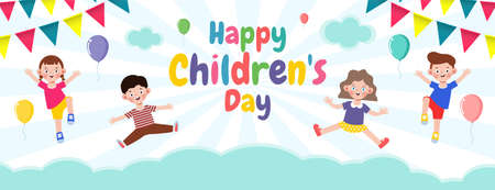 Happy children's day banner Template background, kids jumping and dancing and playing together, advertising brochure, your text, flat Funny cartoon isolated vector Illustrationのイラスト素材