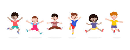 Happy children jumping and dancing on the park, kids activities, children playing in playground, Template for advertising cartoon character design isolated on white background Vector Illustrationのイラスト素材