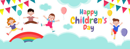 Happy children's day banner Template background, kids jumping and dancing and playing together, advertising brochure, your text, flat Funny cartoon isolated vector Illustrationのイラスト素材