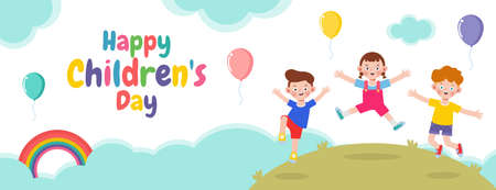 Happy children's day banner Template background, kids jumping and dancing and playing together, advertising brochure, your text, flat Funny cartoon isolated vector Illustrationのイラスト素材