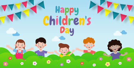 Happy children's day banner Template background, kids jumping and dancing and playing together, advertising brochure, your text, flat Funny cartoon isolated vector Illustrationのイラスト素材
