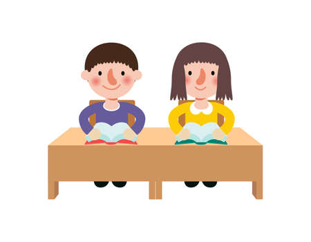 back to school Primary school cute pupils sit at desk, Elementary education, children reading book, Kids getting knowledge on lesson in class Learning isolated on white background vector illustrationのイラスト素材