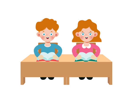 back to school Primary school cute Caucasian pupils sit at desk, Elementary education, children reading book, Kids getting knowledge on lesson in class Learning isolated on white background vectorのイラスト素材