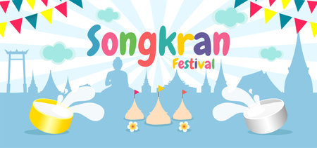 Songkran festival water splash of Thailand New Year design Vector Illustration banner template isolated on background, happy Songkran festivalのイラスト素材