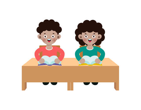 back to school Primary school cute african american pupils sit at desk, Elementary education, children reading book, Kids getting knowledge on lesson in class Learning isolated on white backgroundのイラスト素材