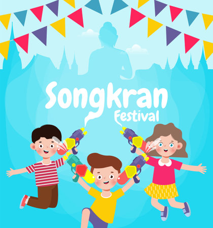Songkran festival kids holding water gun and jumping enjoy splashing water in Songkran Thailand Traditional New Year's Day Vector Illustration isolated on white backgroundのイラスト素材