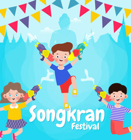 Songkran festival kids holding water gun and jumping enjoy splashing water in Songkran Thailand Traditional New Year's Day Vector Illustration isolated on white backgroundのイラスト素材