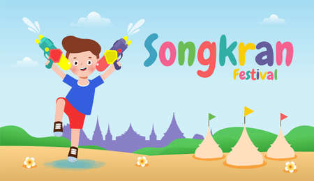 Songkran festival kids holding water gun and jumping enjoy splashing water in Songkran Thailand Traditional New Year's Day Vector Illustration isolated on white backgroundのイラスト素材