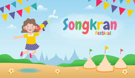 Songkran festival kids holding water gun and jumping enjoy splashing water in Songkran Thailand Traditional New Year's Day Vector Illustration isolated on white backgroundのイラスト素材
