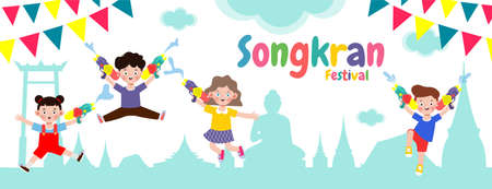 Songkran festival kids holding water gun and jumping enjoy splashing water in Songkran Thailand Traditional New Year's Day Vector Illustration isolated on white backgroundのイラスト素材