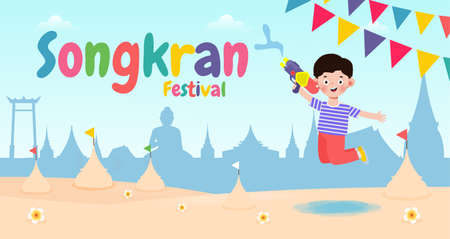 Songkran festival kids holding water gun and jumping enjoy splashing water in Songkran Thailand Traditional New Year's Day Vector Illustration isolated on white backgroundのイラスト素材