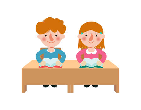 back to school Primary school cute Caucasian pupils sit at desk, Elementary education, children reading book, Kids getting knowledge on lesson in class Learning isolated on white background vectorのイラスト素材