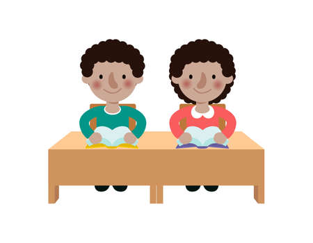 back to school Primary school cute african american pupils sit at desk, Elementary education, children reading book, Kids getting knowledge on lesson in class Learning isolated on white backgroundのイラスト素材