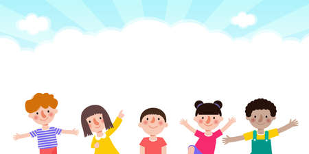 Happy Kids Playing Outdoor banner Template background, children jumping together, advertising brochure, your text, flat Funny cartoon isolated vector Illustrationのイラスト素材