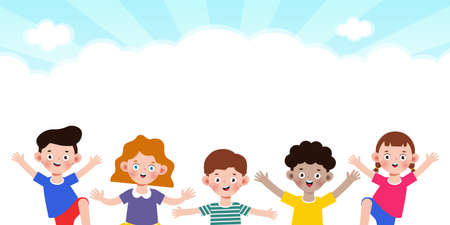 Happy Kids Playing Outdoor banner Template background, children jumping together, advertising brochure, your text, flat Funny cartoon isolated vector Illustrationのイラスト素材