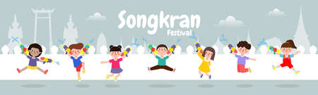 Songkran festival banner template kids holding water gun and jumping enjoy splashing water in Songkran festival, Thailand Traditional New Year's Day Vector Illustration isolated backgroundのイラスト素材