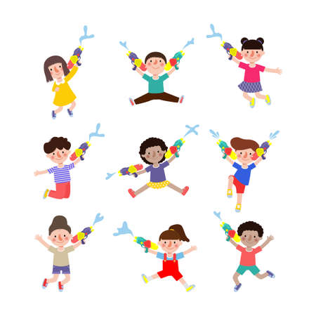 set of kids holding water gun and jumping enjoy splashing water in Songkran festival Thailand Traditional New Year's Day Vector Illustration isolated on white backgroundのイラスト素材