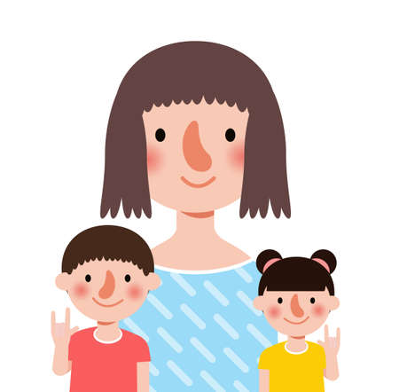 mother hugging son and daughter, Happy Mother's day, i love mom with holiday isolated Vector illustration background modern flat styleのイラスト素材