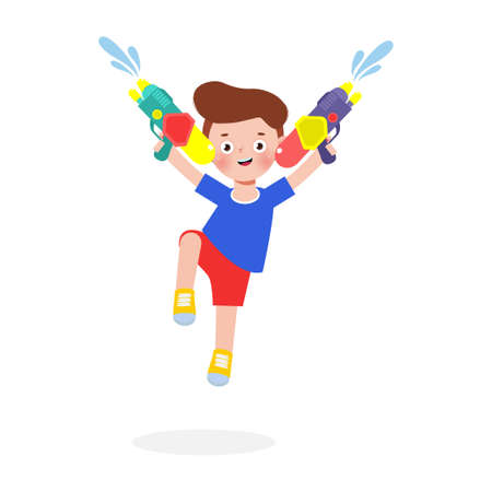 Songkran festival kids holding water gun and jumping enjoy splashing water in Songkran Thailand Traditional New Year's Day Vector Illustration isolated on white backgroundのイラスト素材