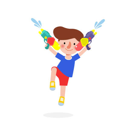 Songkran festival kids holding water gun and jumping enjoy splashing water in Songkran Thailand Traditional New Year's Day Vector Illustration isolated on white backgroundのイラスト素材