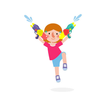 Songkran festival kids holding water gun and jumping enjoy splashing water in Songkran Thailand Traditional New Year's Day Vector Illustration isolated on white backgroundのイラスト素材
