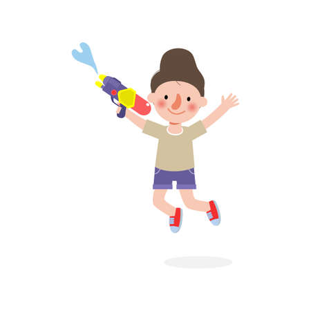 Songkran festival kids holding water gun and jumping enjoy splashing water in Songkran Thailand Traditional New Year's Day Vector Illustration isolated on white backgroundのイラスト素材