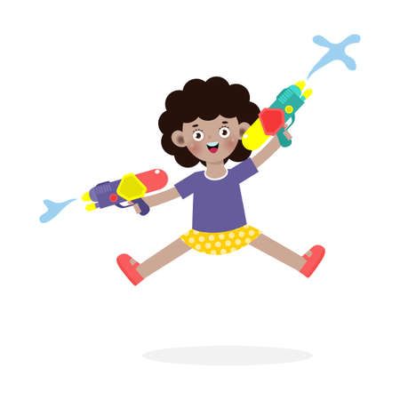 Songkran festival kids holding water gun and jumping enjoy splashing water in Songkran Thailand Traditional New Year's Day Vector Illustration isolated on white backgroundのイラスト素材