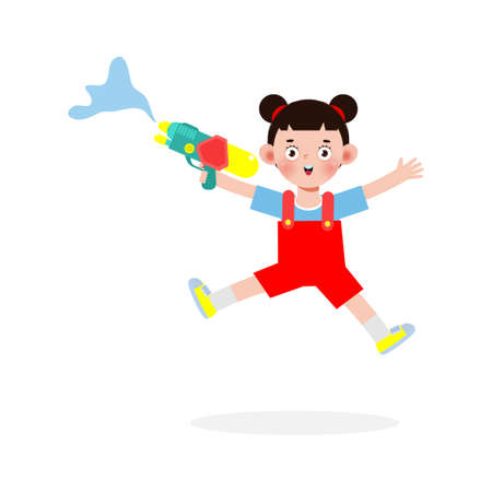 Songkran festival kids holding water gun and jumping enjoy splashing water in Songkran Thailand Traditional New Year's Day Vector Illustration isolated on white backgroundのイラスト素材