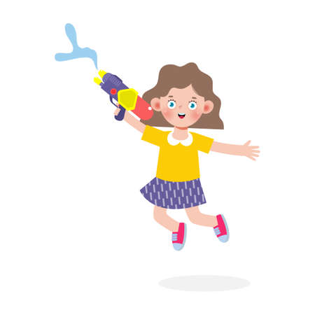 Songkran festival kids holding water gun and jumping enjoy splashing water in Songkran Thailand Traditional New Year's Day Vector Illustration isolated on white backgroundのイラスト素材