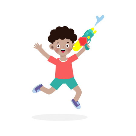 Songkran festival kids holding water gun and jumping enjoy splashing water in Songkran Thailand Traditional New Year's Day Vector Illustration isolated on white backgroundのイラスト素材