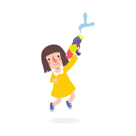 Songkran festival kids holding water gun and jumping enjoy splashing water in Songkran Thailand Traditional New Year's Day Vector Illustration isolated on white backgroundのイラスト素材