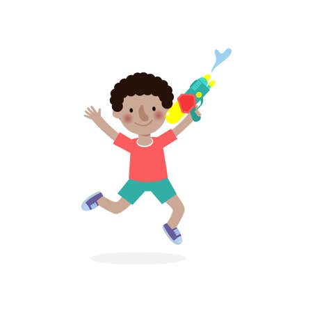 Songkran festival kids holding water gun and jumping enjoy splashing water in Songkran Thailand Traditional New Year's Day Vector Illustration isolated on white backgroundのイラスト素材
