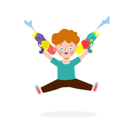 Songkran festival kids holding water gun and jumping enjoy splashing water in Songkran Thailand Traditional New Year's Day Vector Illustration isolated on white backgroundのイラスト素材
