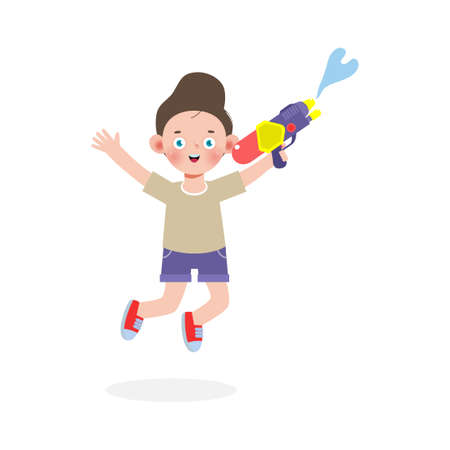 Songkran festival kids holding water gun and jumping enjoy splashing water in Songkran Thailand Traditional New Year's Day Vector Illustration isolated on white backgroundのイラスト素材