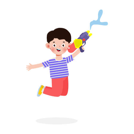Songkran festival kids holding water gun and jumping enjoy splashing water in Songkran Thailand Traditional New Year's Day Vector Illustration isolated on white backgroundのイラスト素材